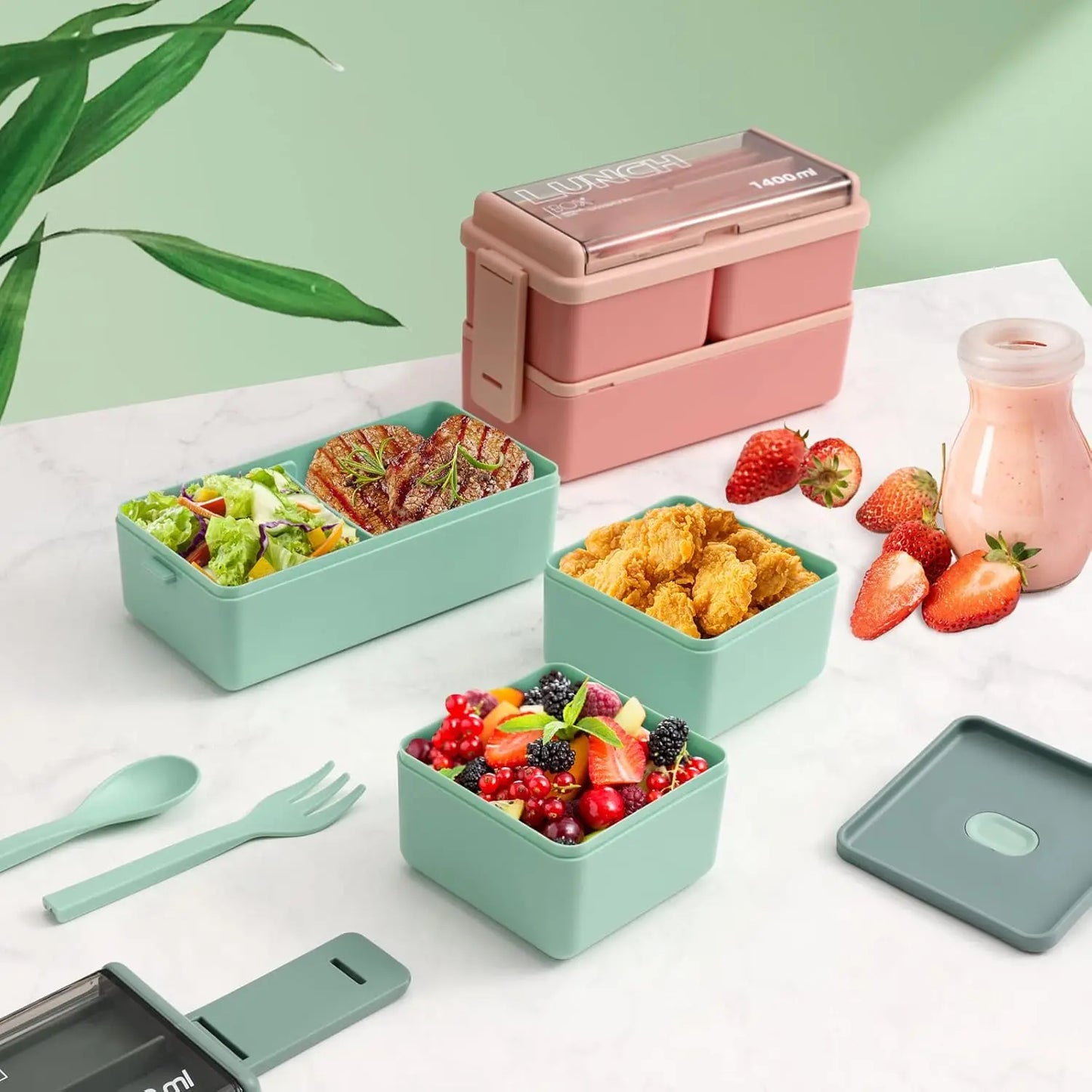 Bento Box Adult Lunch Box – Leakproof, Eco-Friendly, Picnic & School (Green + Pink) Pack Of 2 - Snapelo