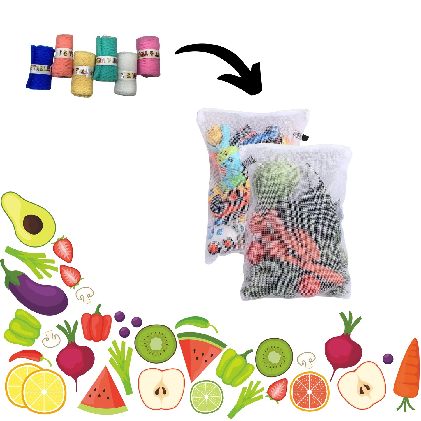 Vegetable Storage Bags for Fridge – Pack of 5 Reusable Mesh Pouches with Zipper for Fruits & Veggies - Snapelo