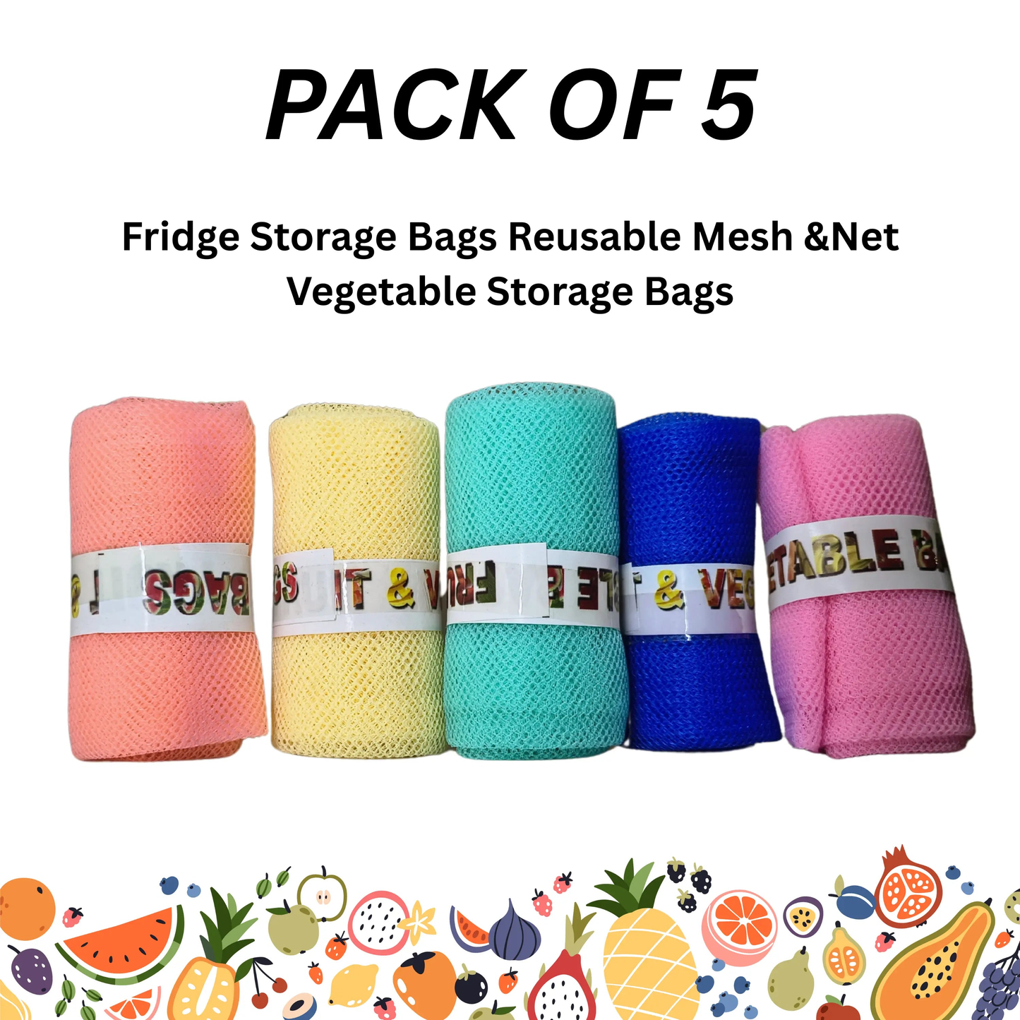 Vegetable Storage Bags for Fridge – Pack of 5 Reusable Mesh Pouches with Zipper for Fruits & Veggies - Snapelo