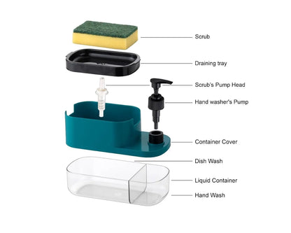 Snapelo 3-in-1 Soap Pump Dispenser with Sponge Holder & Tray – Multipurpose Plastic Dispenser for Kitchen & Bathroom (Multicolor) - Snapelo