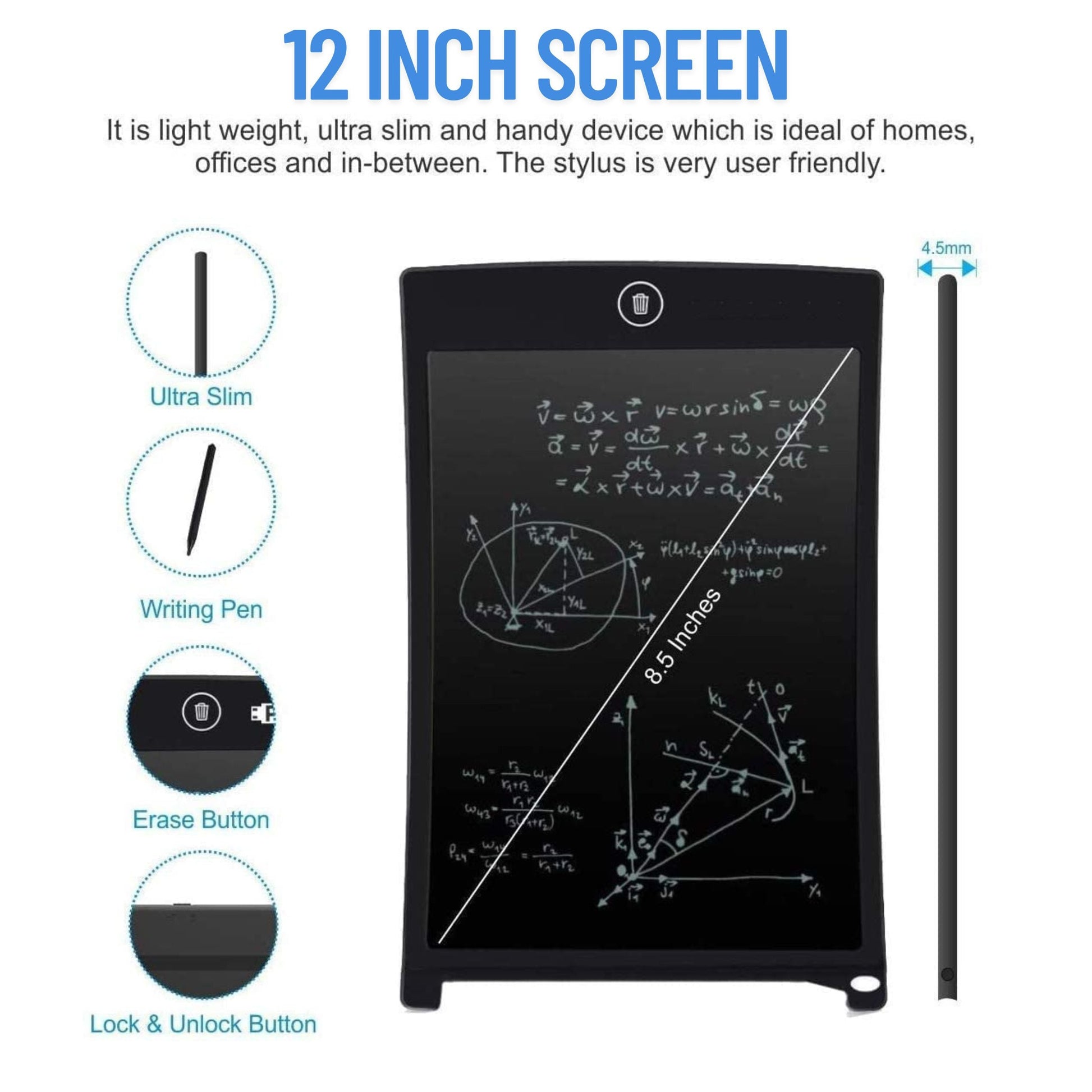 12" Inch LCD Writing Pad | Digital E-Note Slate for Kids & Office | Stylus Included - Snapelo